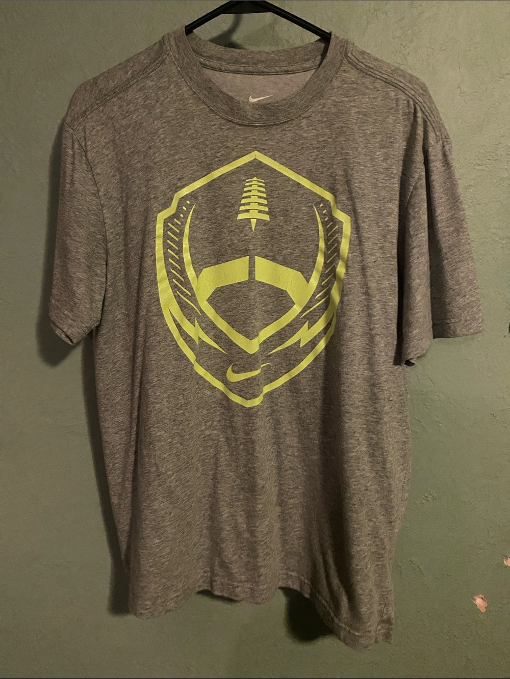 Nike Men's Gray Heather Short-Sleeve Tee with Neon Yellow Shield Graphic